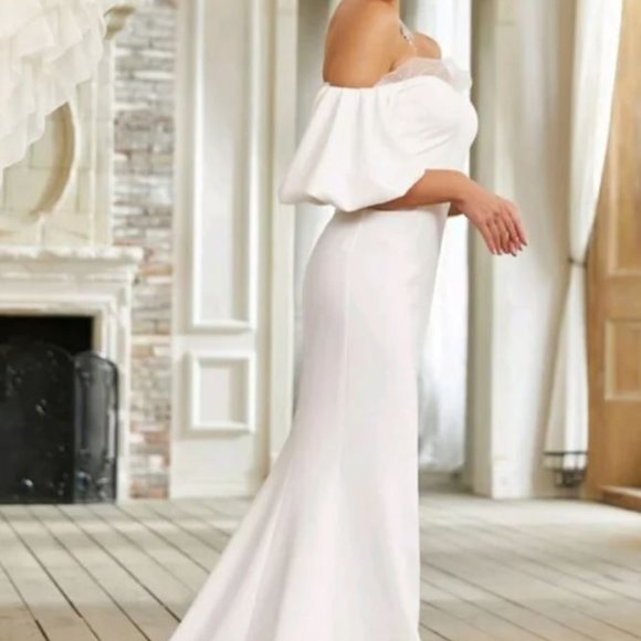 Giffniseti New Off Shoulder Contrast Mesh Mermaid Hem Wedding Dress- SIZE LARGE - Picture 7 of 13